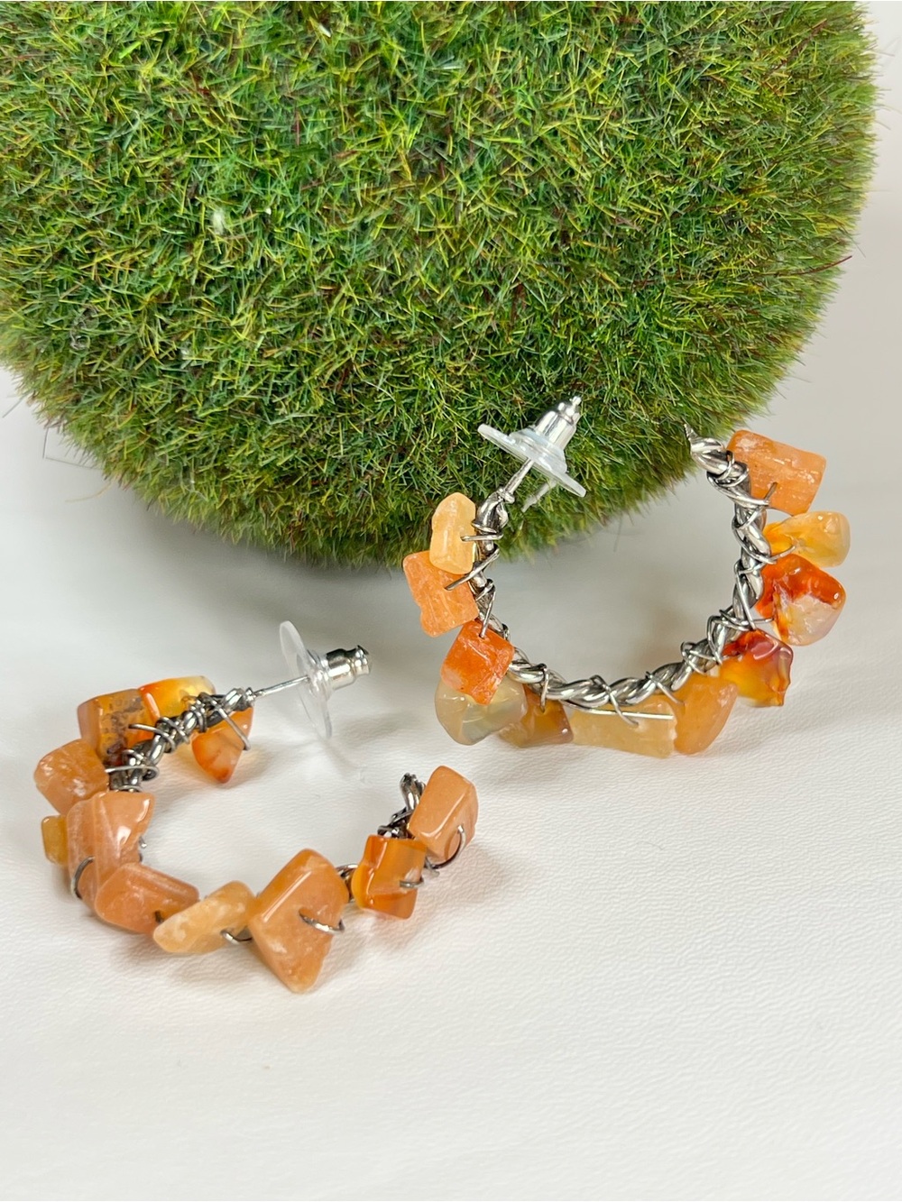 Handmade Carnelian chips wire wrapped silver tone boho open hoop earrings